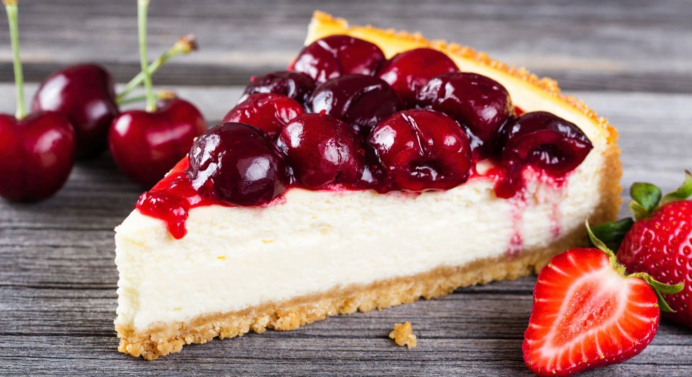 A creamy cheesecake slice topped with vibrant cherry and strawberry jams, placed on a rustic wooden table with fresh cherries and strawberries scattered nearby.