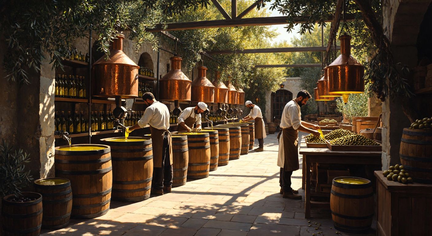 A rustic Turkish olive oil factory with copper vats, wooden barrels, and workers in traditional aprons carefully bottling golden Zade Vital products under warm sunlight.