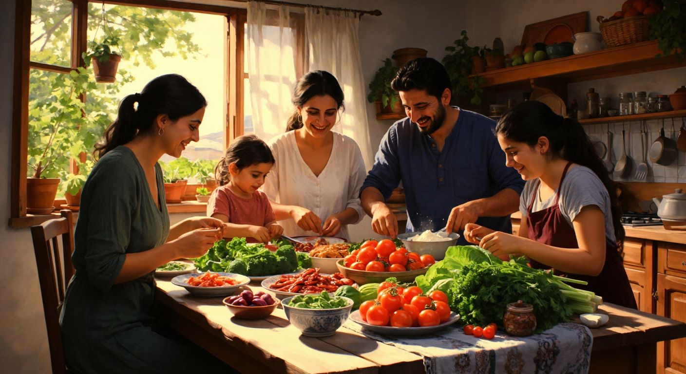 A Turkish family sits around a wooden dining table laden with fresh vegetables, seasonal fruits, and a bowl of yogurt, smiling as they prepare a meal together in a sunlit kitchen.