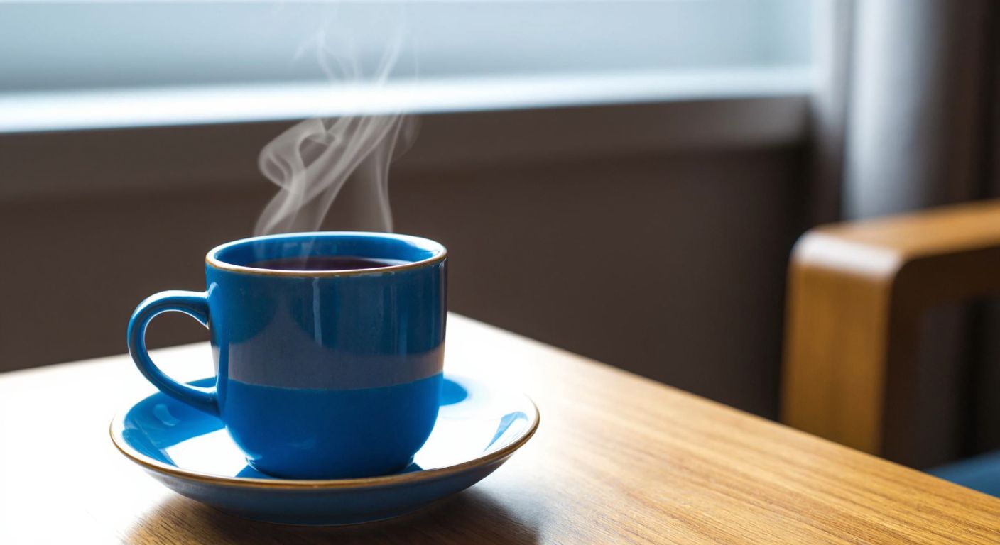 A single blue ceramic cup filled with steaming Turkish tea, placed on a small saucer with a golden rim, resting on a wooden table in a cozy home setting.