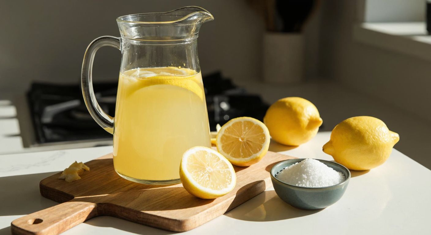 A sunlit Turkish kitchen with a glass pitcher of golden-yellow lemonade, fresh lemons sliced on a wooden cutting board, and a small bowl of sugar beside it, evoking a refreshing summer vibe.