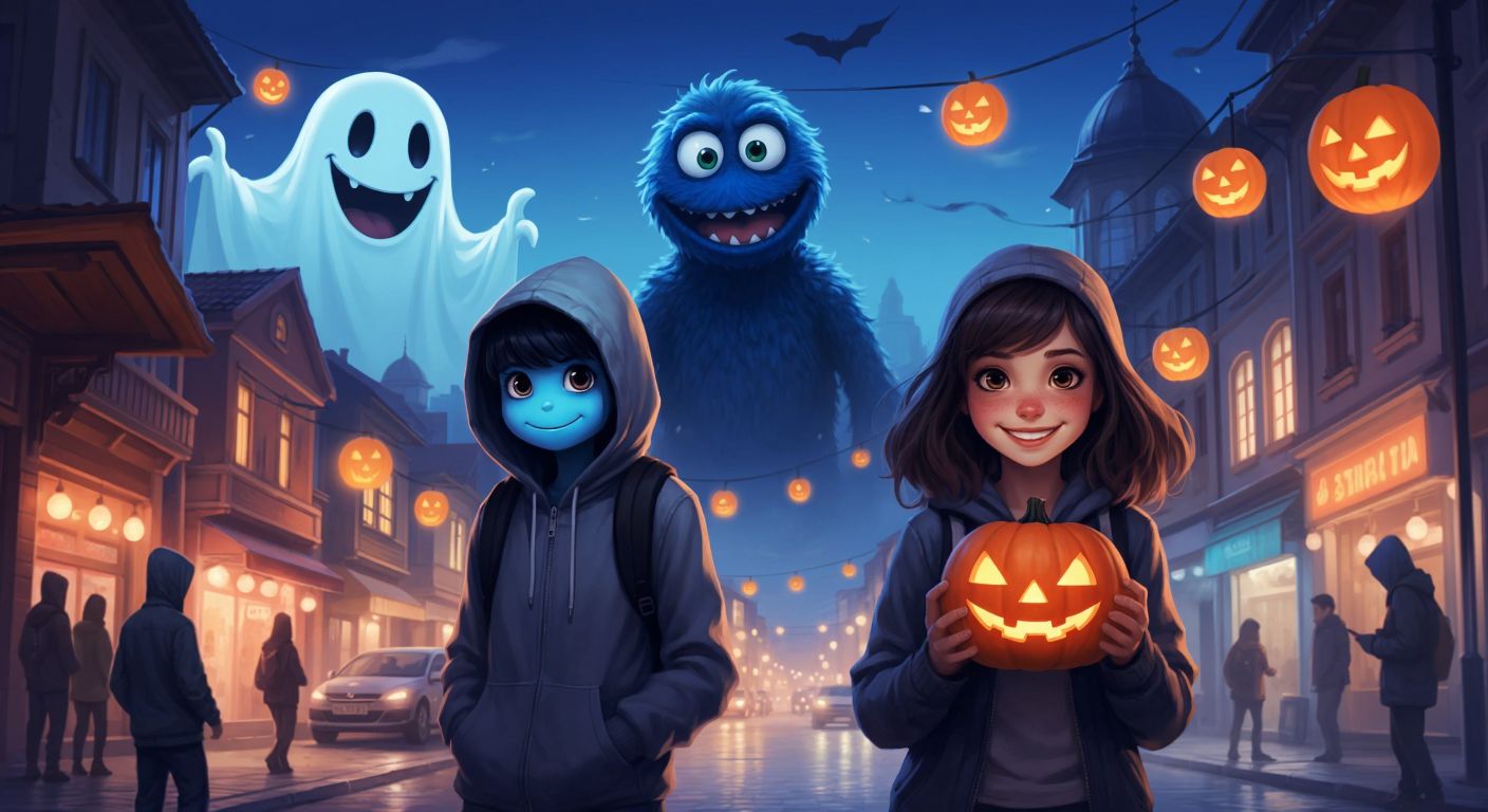 A vibrant collage of playful avatars—a grinning ghost, a mischievous cookie monster, a shadowy figure in a hoodie, and a cheerful girl holding a pumpkin—against a backdrop of neon-lit Turkish city streets at dusk.