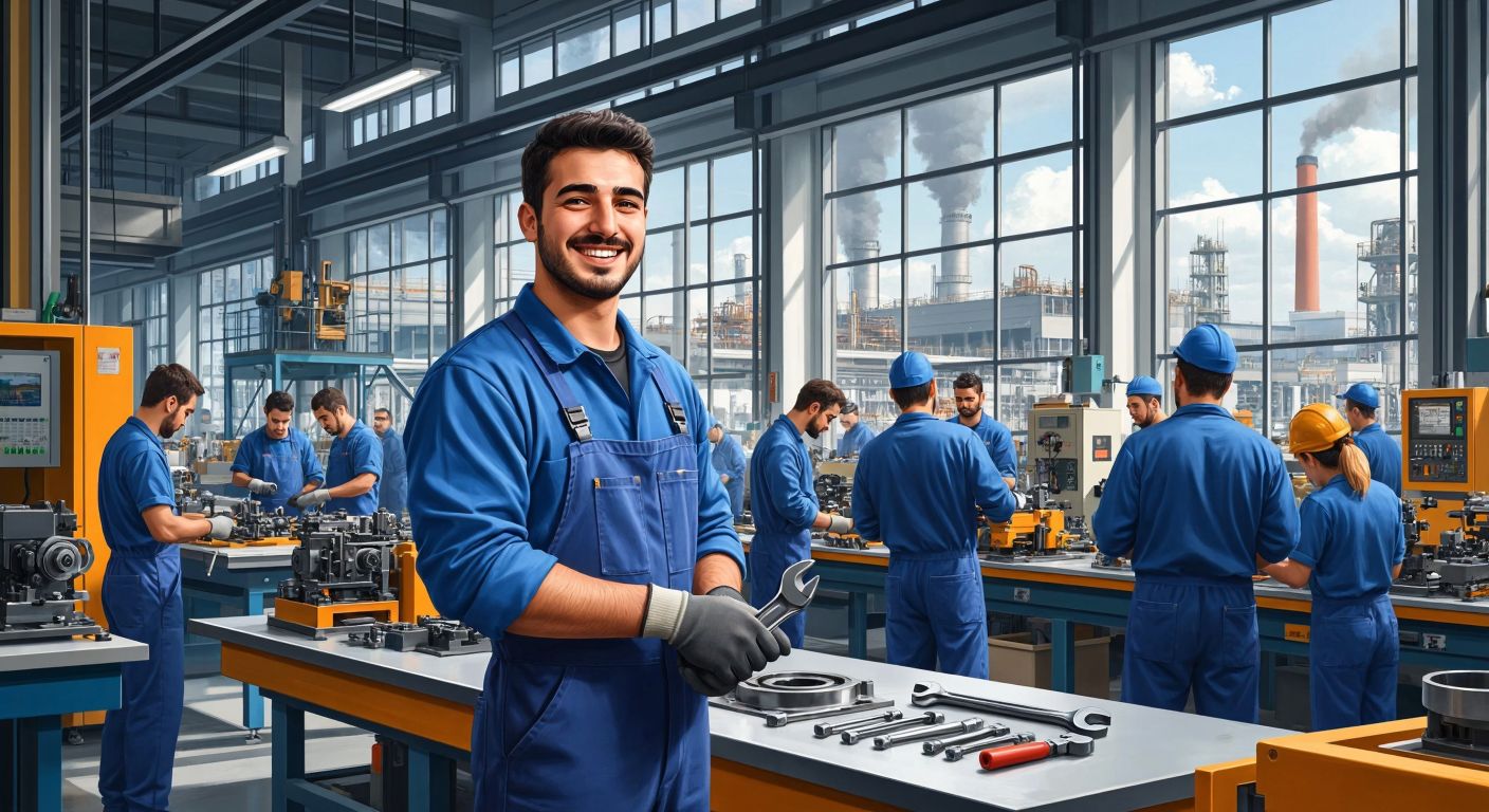 A bustling German factory floor with diverse workers in blue overalls assembling machinery, while a Turkish worker in the foreground smiles warmly, holding a wrench, with industrial cityscapes visible through large factory windows.