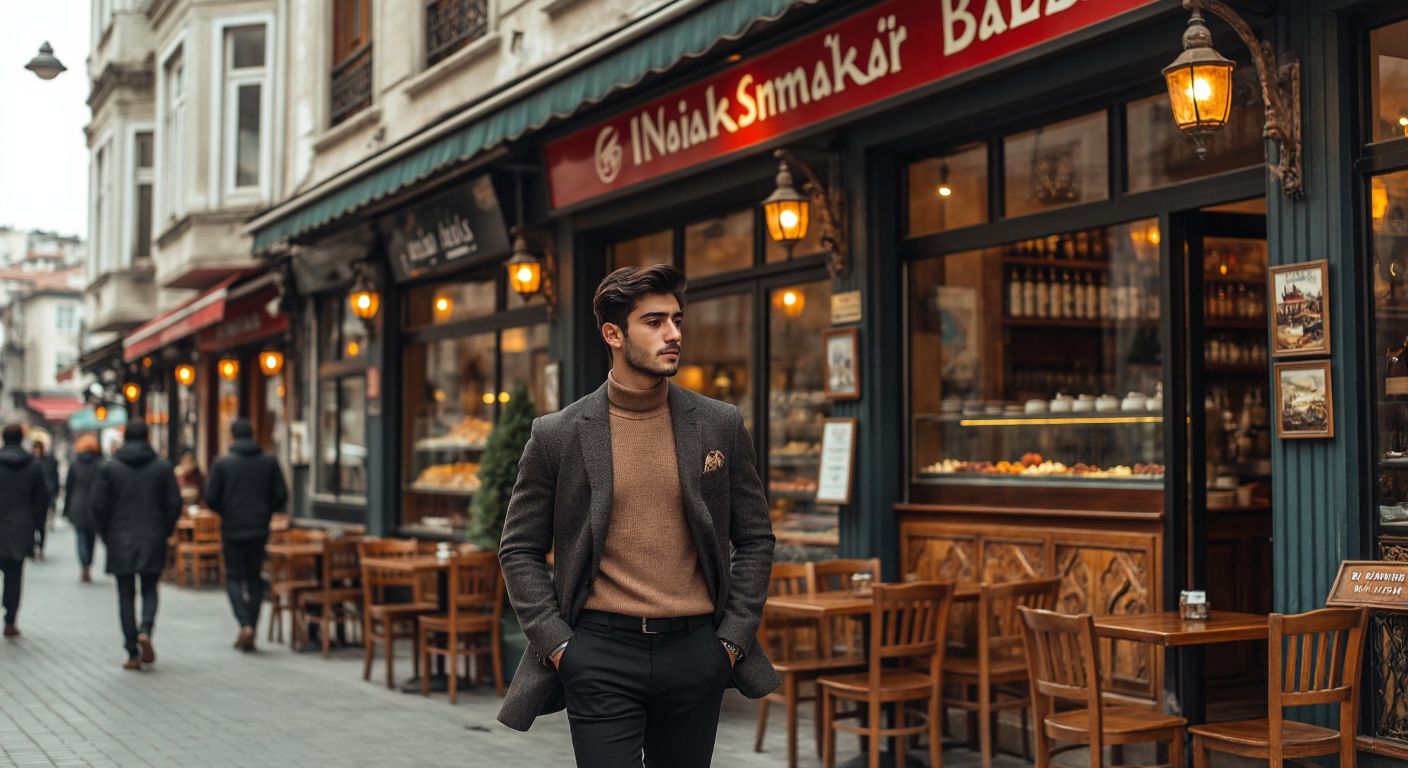 A stylish young man in a modern Istanbul street wearing a sleek Nomarc outfit, confidently walking past a traditional Turkish tea house with a warm, inviting atmosphere.