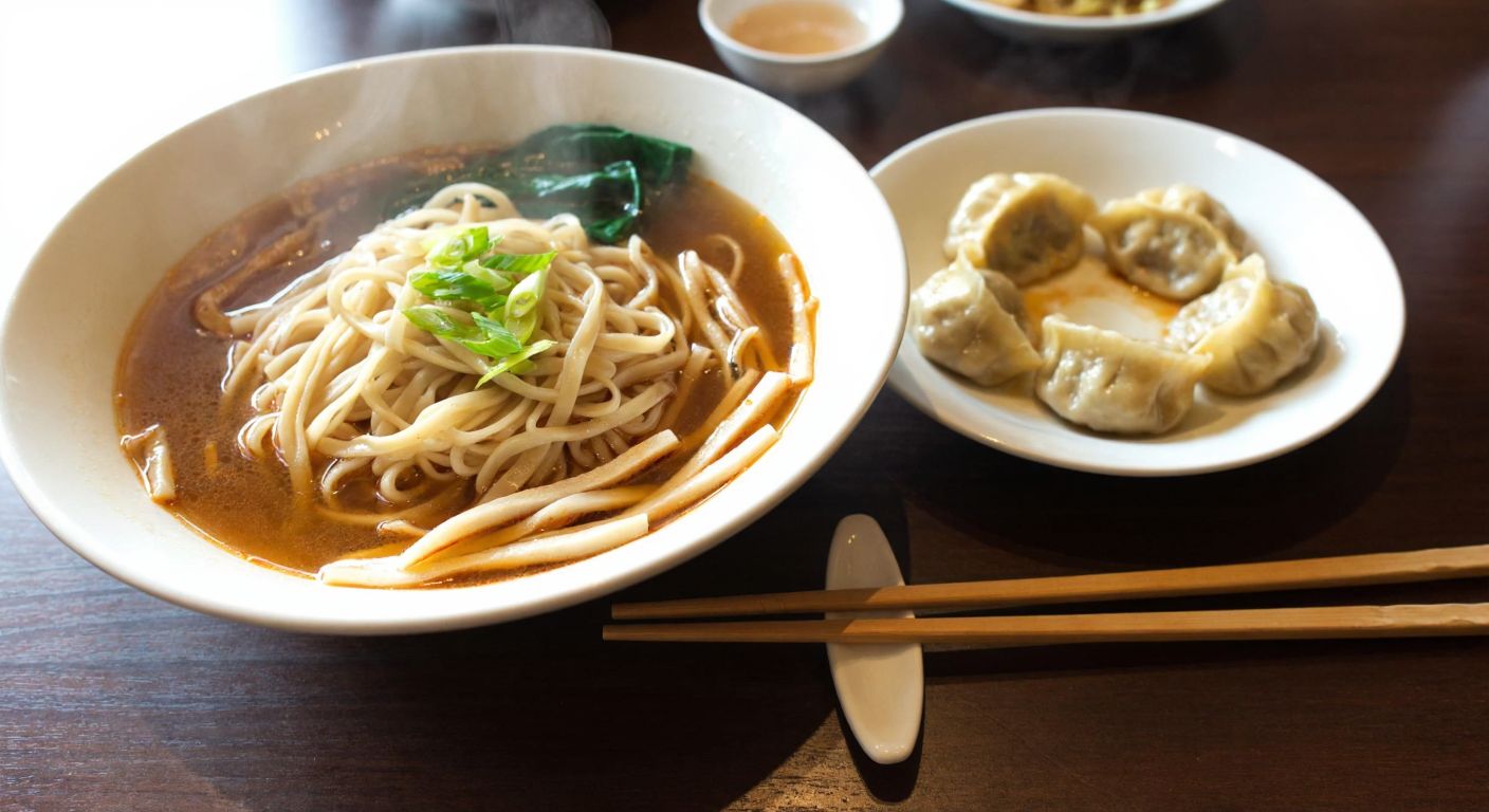 A steaming bowl of Chinese noodles and a plate of dumplings sit on a wooden table, with chopsticks resting beside them, evoking the warmth and flavors of Chinese cuisine.