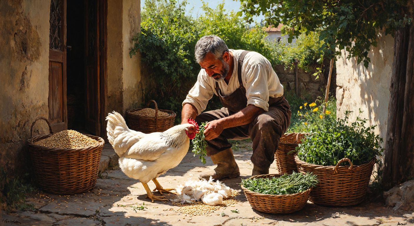A Turkish farmer in a sunlit rural yard carefully hand-plucking feathers from a plump chicken, with baskets of fresh herbs and grains nearby, conveying patience and traditional craftsmanship.