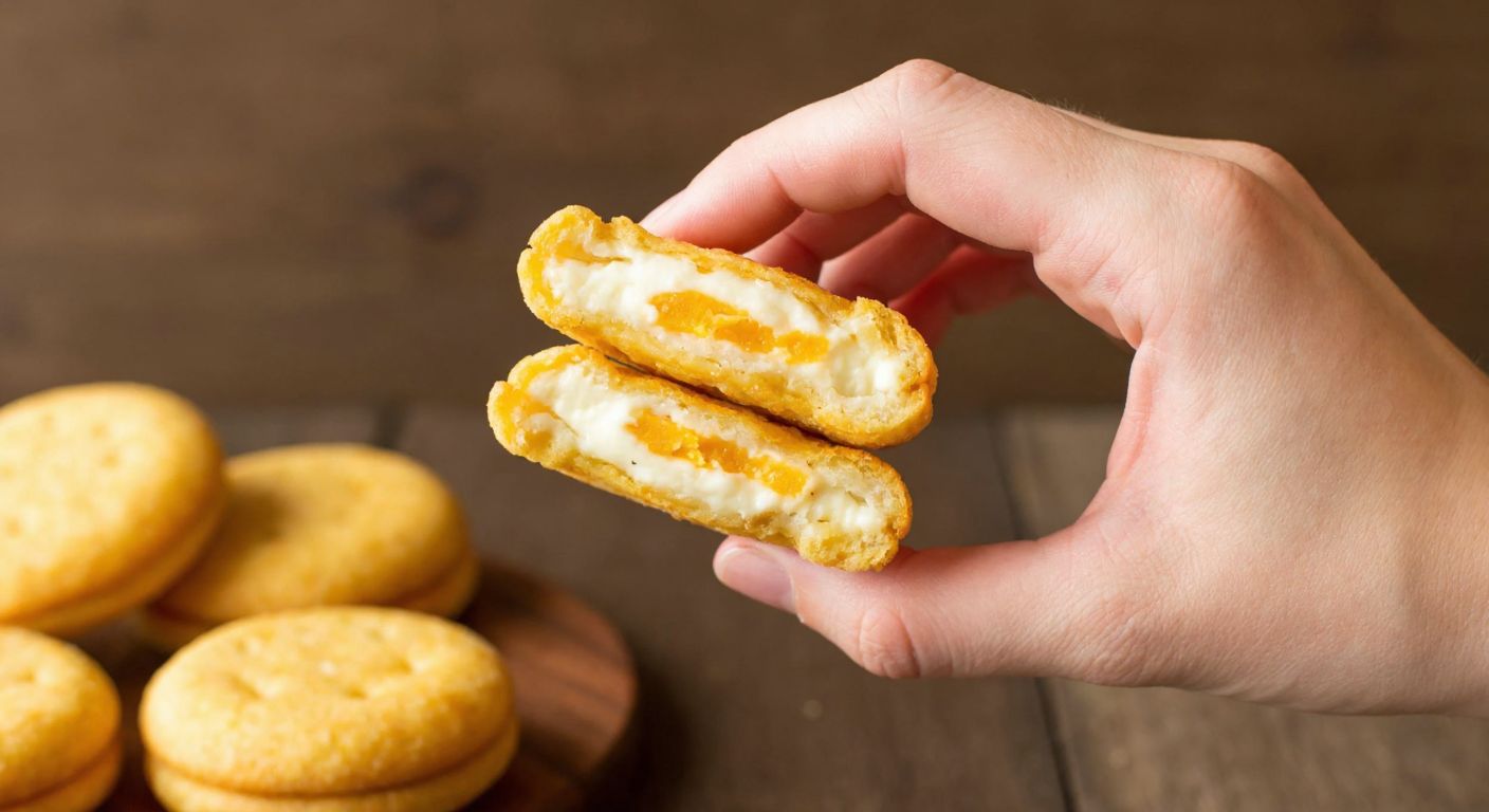 A hand holding two golden-brown, crispy Eti Bollos crackers—one split open to reveal a creamy cheese filling, the other showing seasoned layers—against a warm, rustic wooden table.