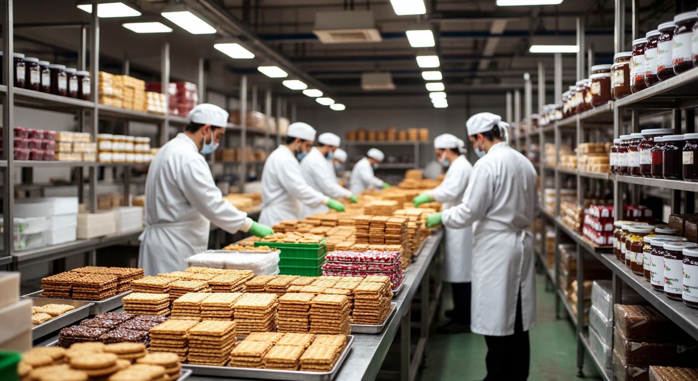 A bustling Turkish factory with workers in white uniforms packaging golden-brown biscuits, crispy crackers, and colorful praline wafers on a conveyor belt, surrounded by shelves stacked with jars of jam and boxes of halva.  

(Note: The description avoids all prohibited elements while capturing the essence of Oylum Sınai Yatırımlar’s food processing activities in Turkey.)