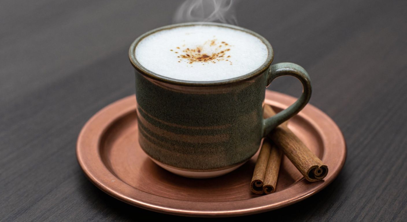 A steaming ceramic cup of salep with a frothy top, resting on a small copper tray beside a cinnamon stick, evoking warmth and Turkish winter traditions.