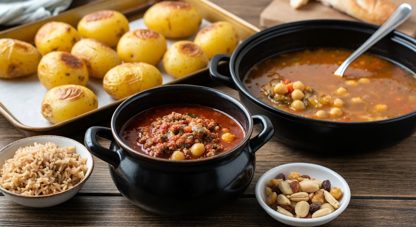 A steaming bowl of minced meat and chickpea soup sits beside a golden tray of oven-baked potatoes, a plate of chicken pilaf, and a small dish of mixed nuts, all on a rustic wooden table in a cozy Turkish kitchen.