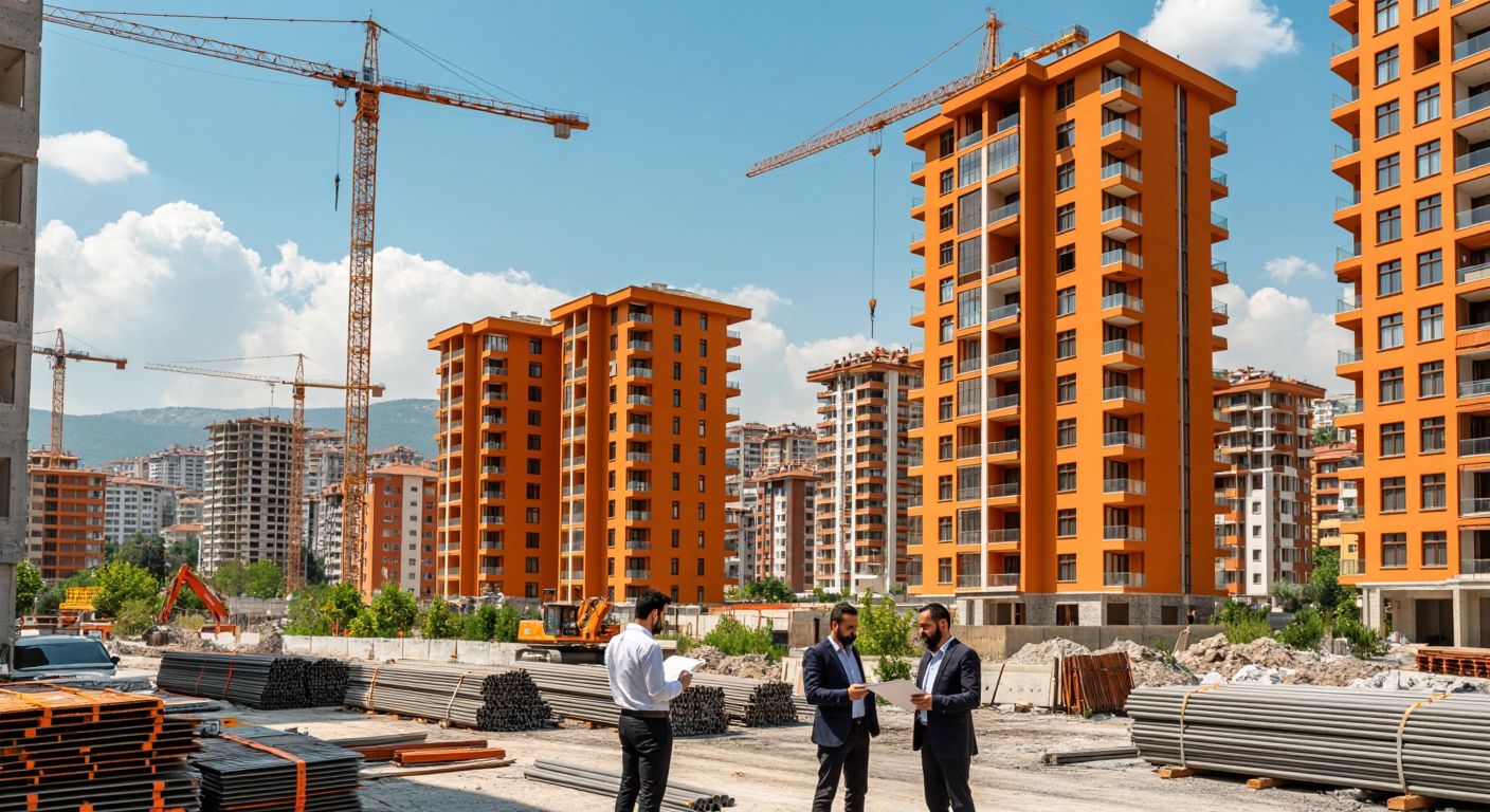 A bustling Turkish cityscape with towering orange apartment buildings, construction cranes in the background, stacks of building materials like cement and steel bars, and well-dressed foreign investors examining property blueprints with a local real estate agent.
