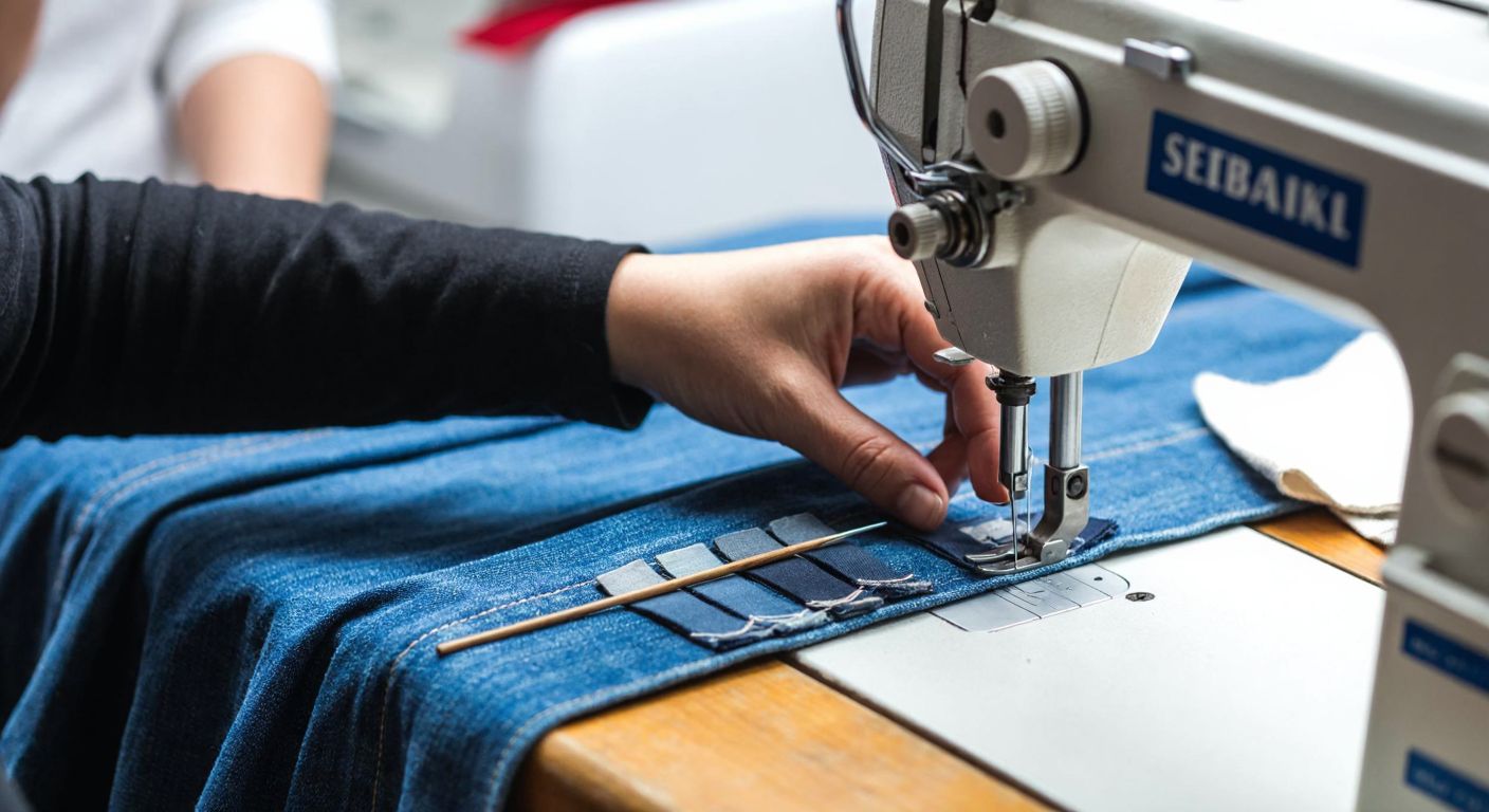 A skilled Turkish seamstress carefully selects a sturdy denim needle from a neatly organized sewing kit, preparing to stitch thick blue denim fabric on a traditional sewing machine.