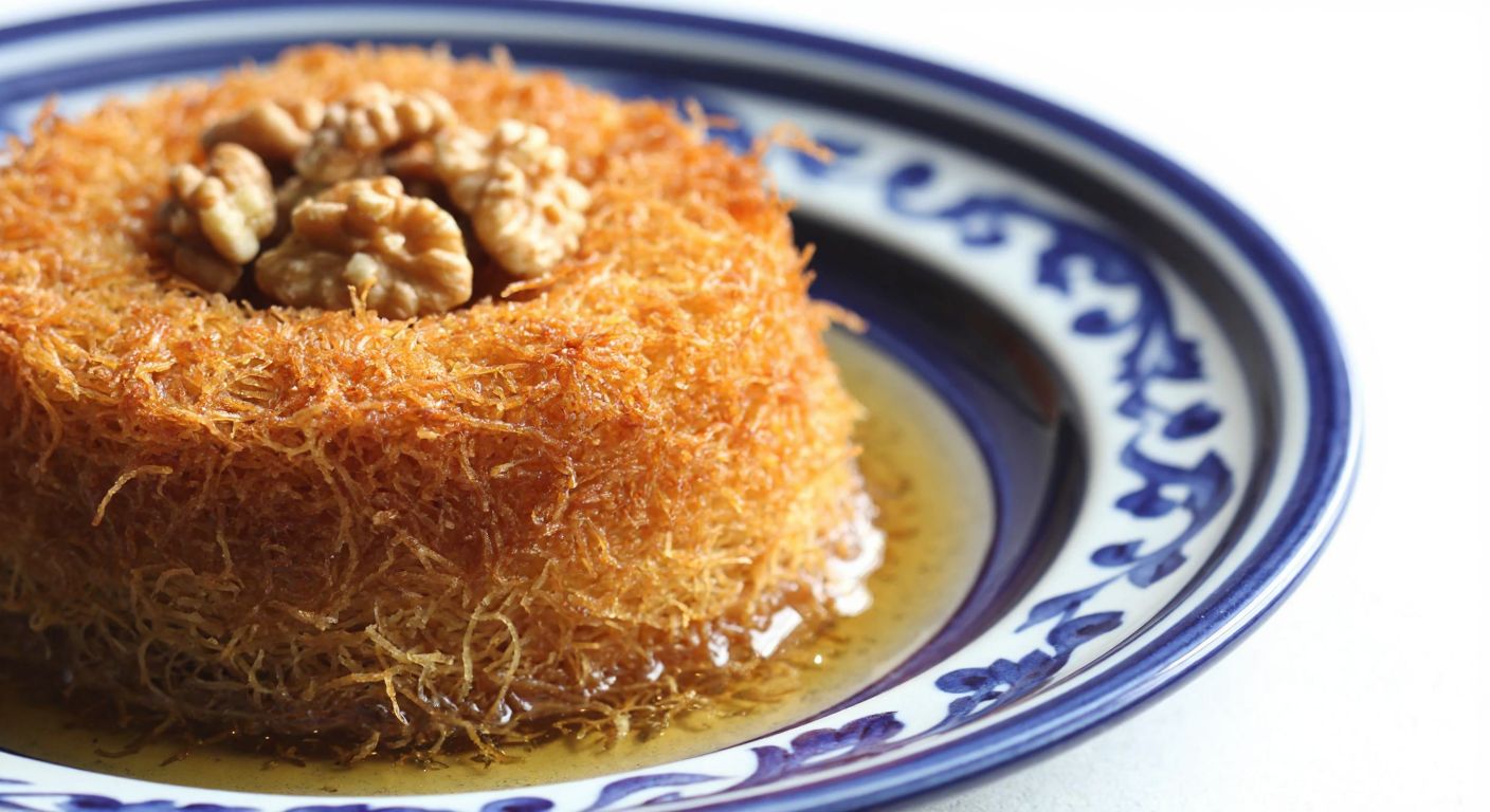 A golden, crispy kadayıf nest filled with crushed walnuts, resting on a traditional Turkish ceramic plate, with a warm, honeyed syrup drizzled over it.