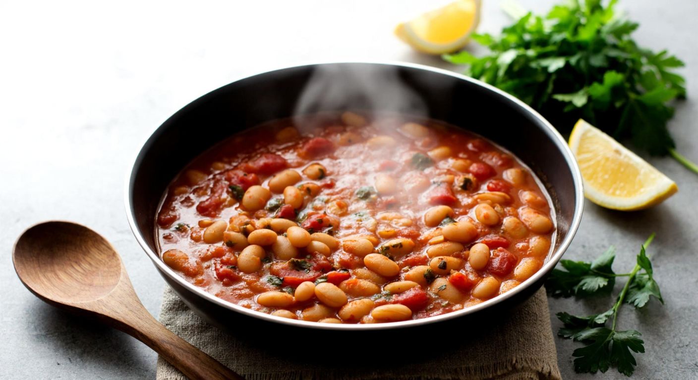 A steaming bowl of Turkish-style white bean stew (kuru fasulye) with a wooden spoon resting beside it, surrounded by fresh parsley and a slice of lemon on a rustic table.
