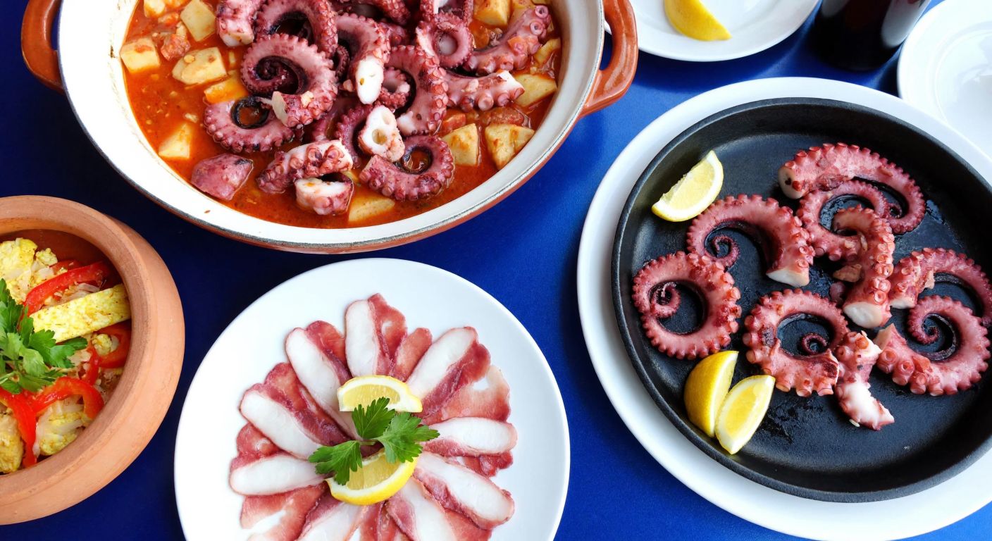 A vibrant Turkish seaside table set with a steaming clay pot of octopus stew, a sizzling skillet of garlicky sautéed octopus, and a delicate plate of thinly sliced octopus carpaccio, surrounded by fresh herbs and lemon wedges.
