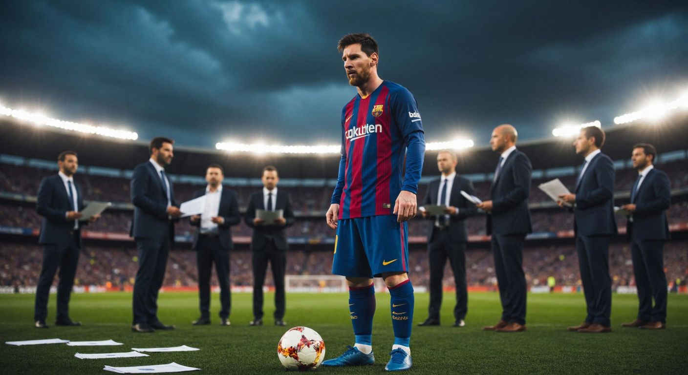 A tense Lionel Messi in a Barcelona jersey stands pensively on a football field, surrounded by blurred figures in suits holding financial documents, with a distant Camp Nou stadium under a stormy sky.