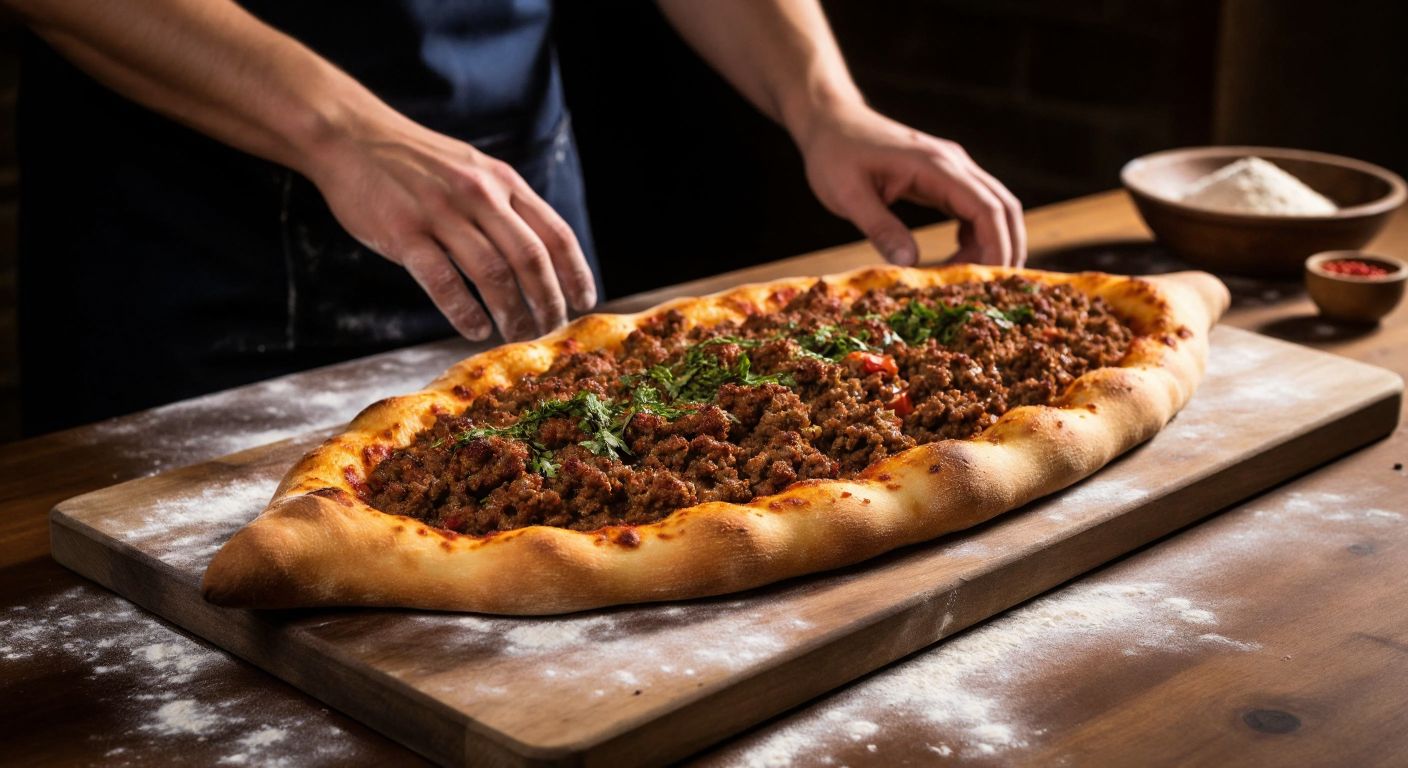 A warm, golden-brown pide fresh from the oven, generously topped with spiced minced meat, resting on a wooden table in a Turkish kitchen with flour-dusted hands shaping dough nearby.