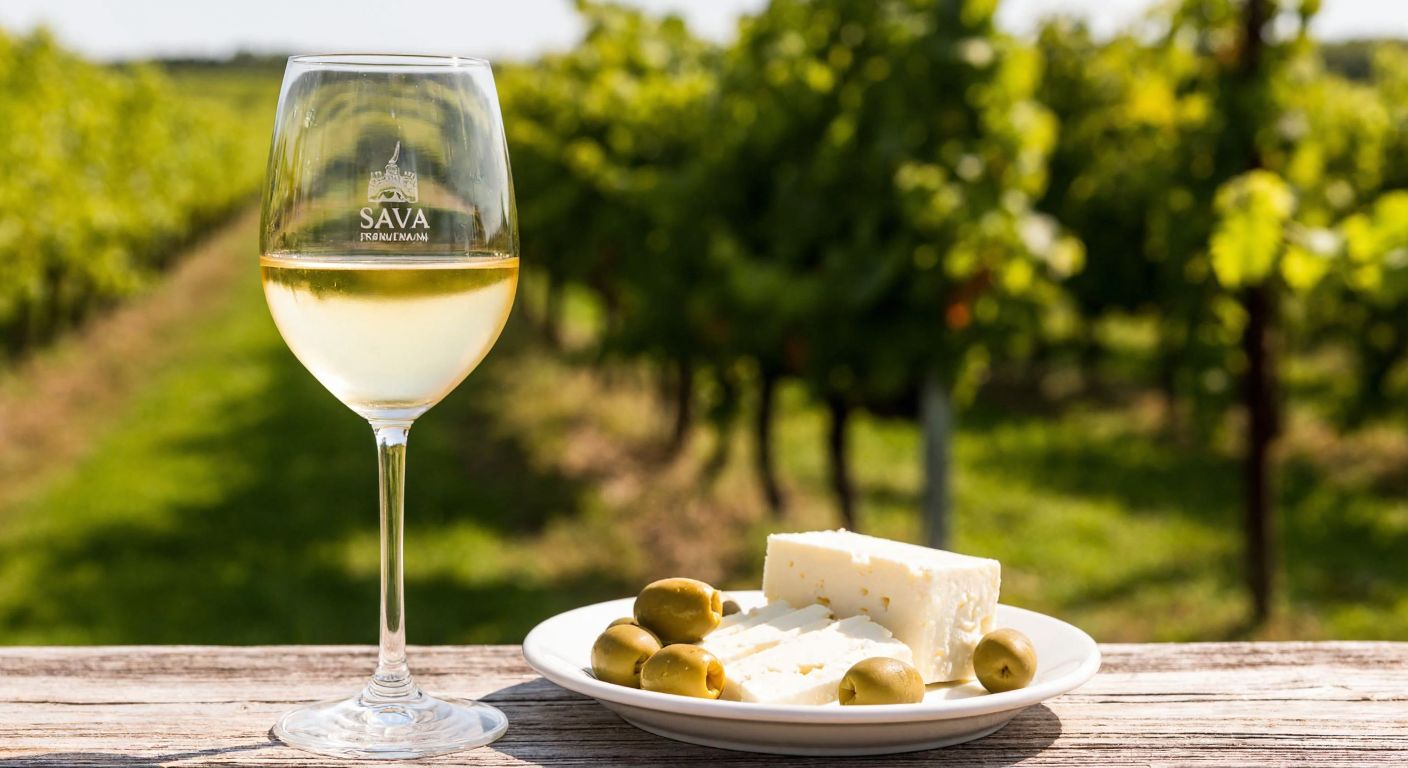 A crystal-clear wine glass filled with golden Sava Premium white wine, resting on a rustic wooden table beside a plate of fresh Turkish white cheese and green olives, with a sunlit vineyard in the background.