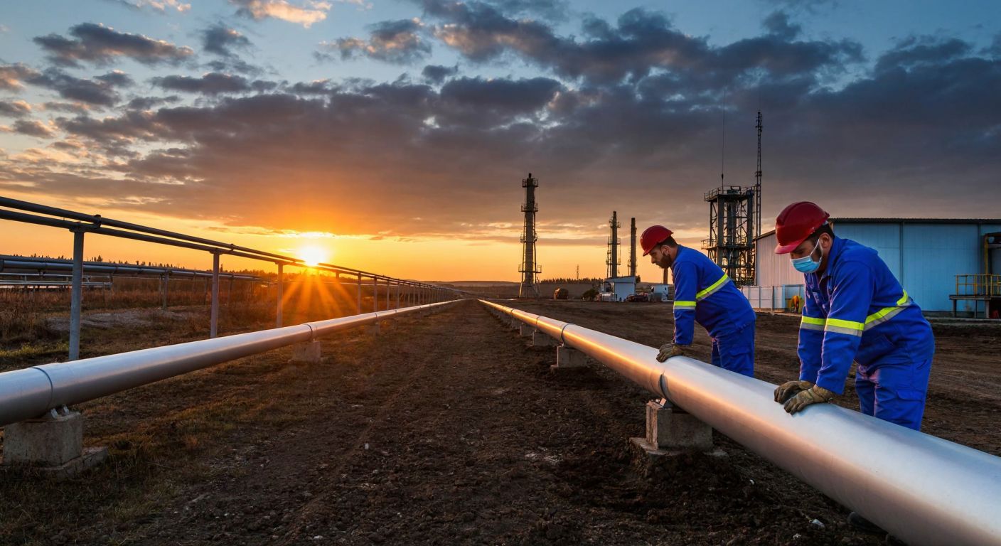 A modern gas pipeline running through an industrial zone in İzmit, with workers in blue uniforms inspecting valves under the warm glow of sunset, symbolizing energy infrastructure under local ownership.