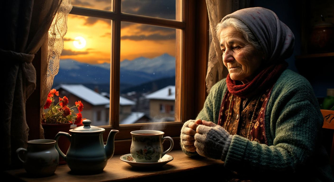 An elderly Turkish woman in a cozy village home wraps her hands in knitted woolen gloves while glancing at darkening clouds through a window, as a pot of herbal tea steams beside her.