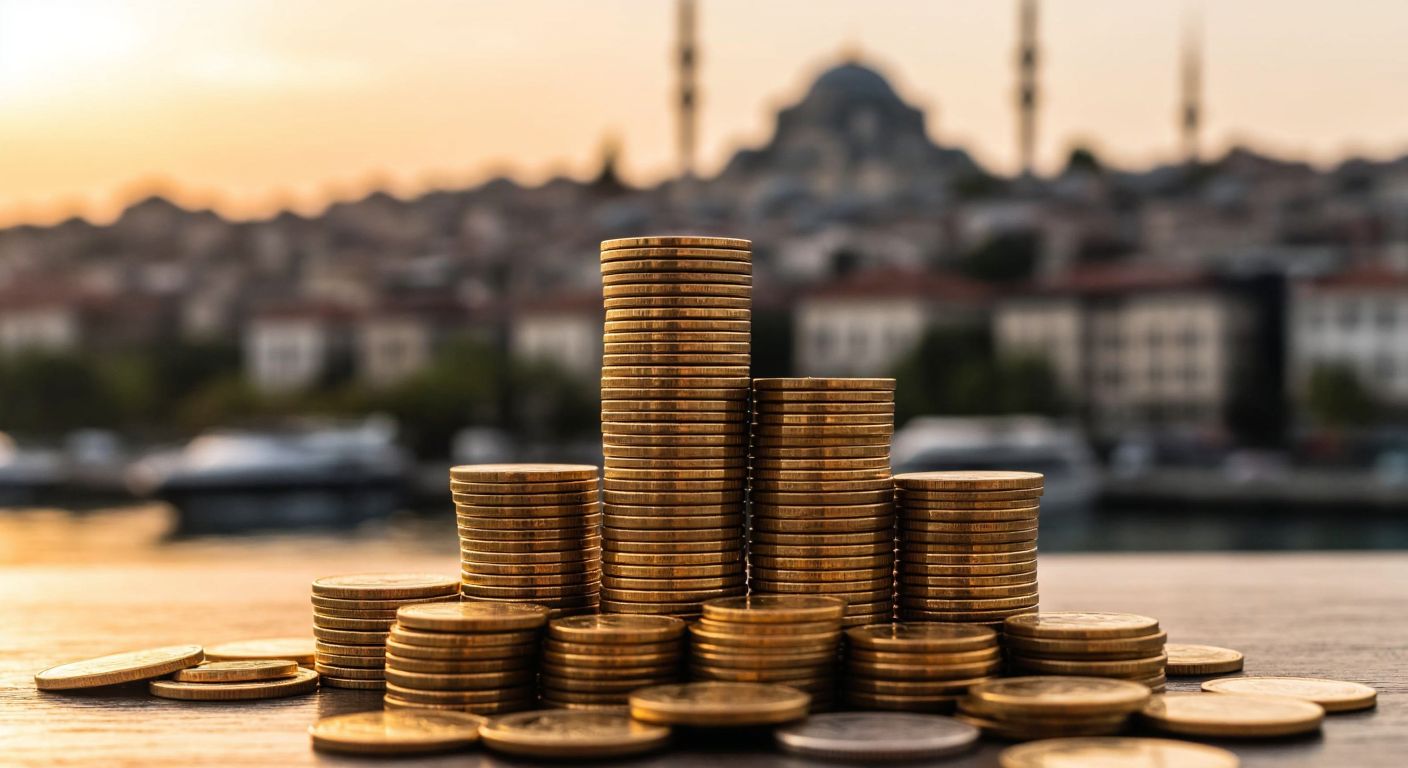 A towering stack of golden coins in Istanbul's financial district, with a larger pile labeled "100" subtly overshadowing a smaller one labeled "50," reflecting the hierarchical relationship between the indices.