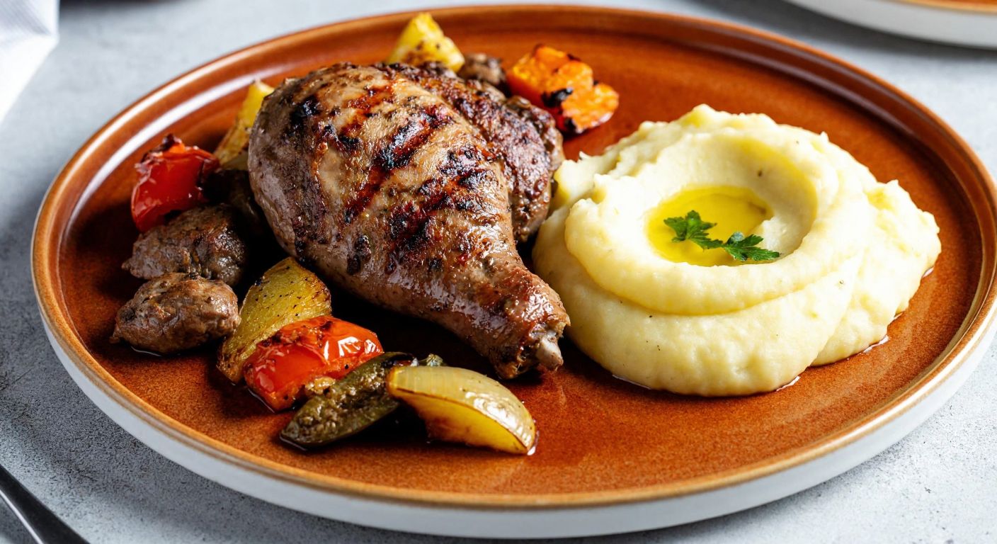 A golden-brown grilled chicken liver served on a rustic plate with a side of creamy mashed potatoes and roasted vegetables, evoking warmth and nourishment in a cozy Turkish kitchen.