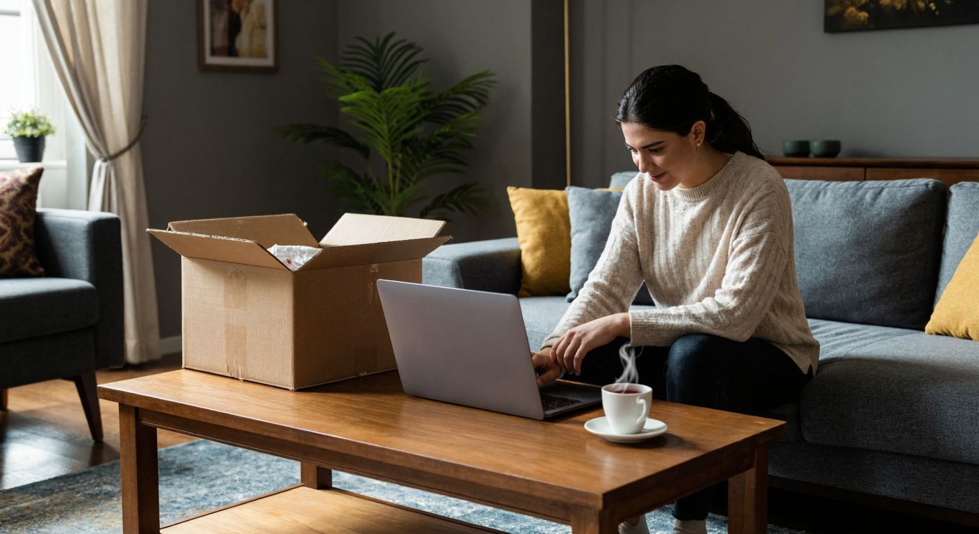 A person in a cozy Turkish home eagerly checks a laptop screen while sitting near a half-unpacked Bellona furniture box, with a steaming cup of çay on the wooden coffee table.