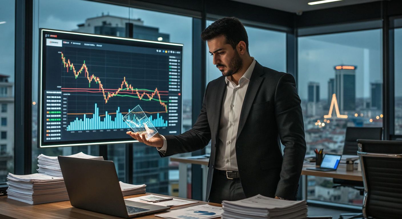 A confident Turkish businessman in a sleek suit stands in a modern Istanbul office, analyzing a glowing stock market chart with a focused expression, surrounded by stacks of financial documents and a laptop displaying banking sector trends.