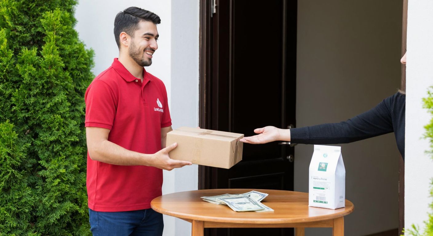 A smiling delivery person in a red uniform hands a package to a customer at their doorstep in Turkey, with a small stack of cash and a receipt visible on a wooden table nearby.