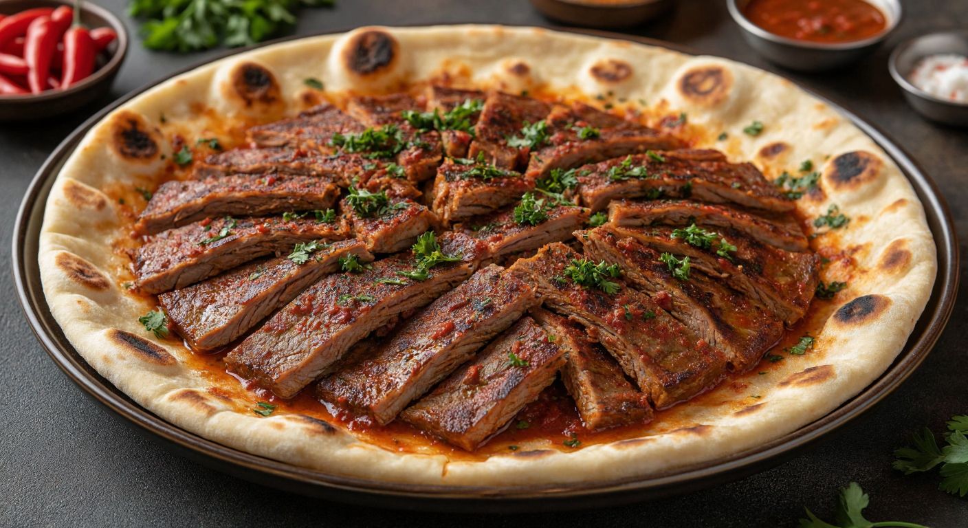 A steaming plate of thinly sliced, golden-brown döner meat drizzled with a rich, reddish Hatay-style sauce, garnished with fresh parsley and served alongside warm, fluffy flatbread, evoking the aroma of garlic and spices in a bustling Turkish eatery.