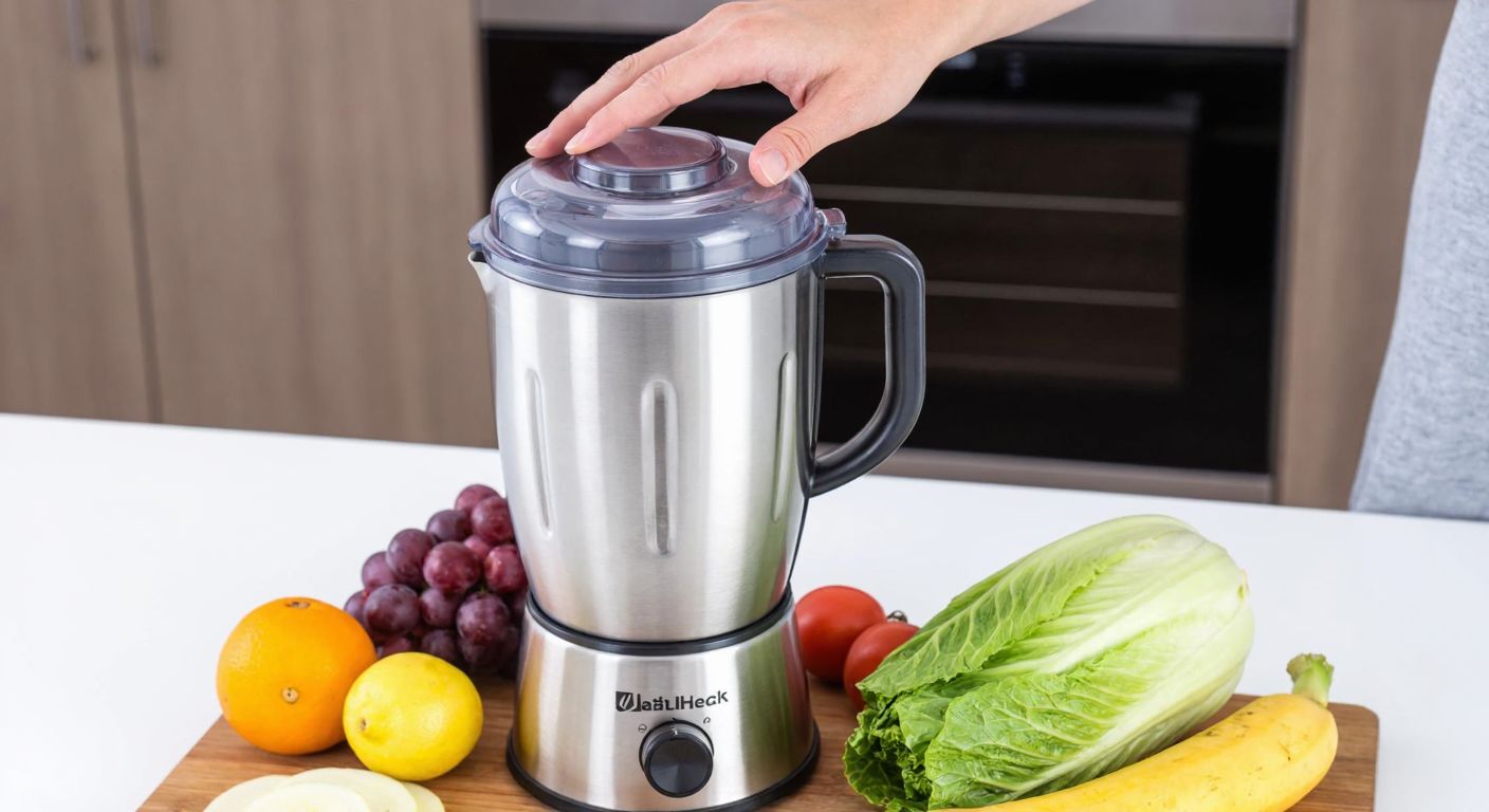 A stainless steel blender jar with a transparent plastic lid securely fastened, placed on a kitchen counter beside fresh fruits and vegetables, with a person’s hand reaching to remove the lid.