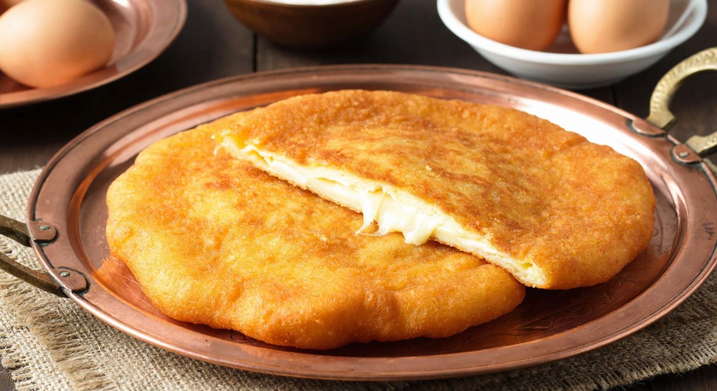 A golden-brown lalanga, freshly fried and crispy, oozing melted kaşar cheese, placed on a traditional Erzurum copper tray with a rustic wooden table and a bowl of eggs in the background.