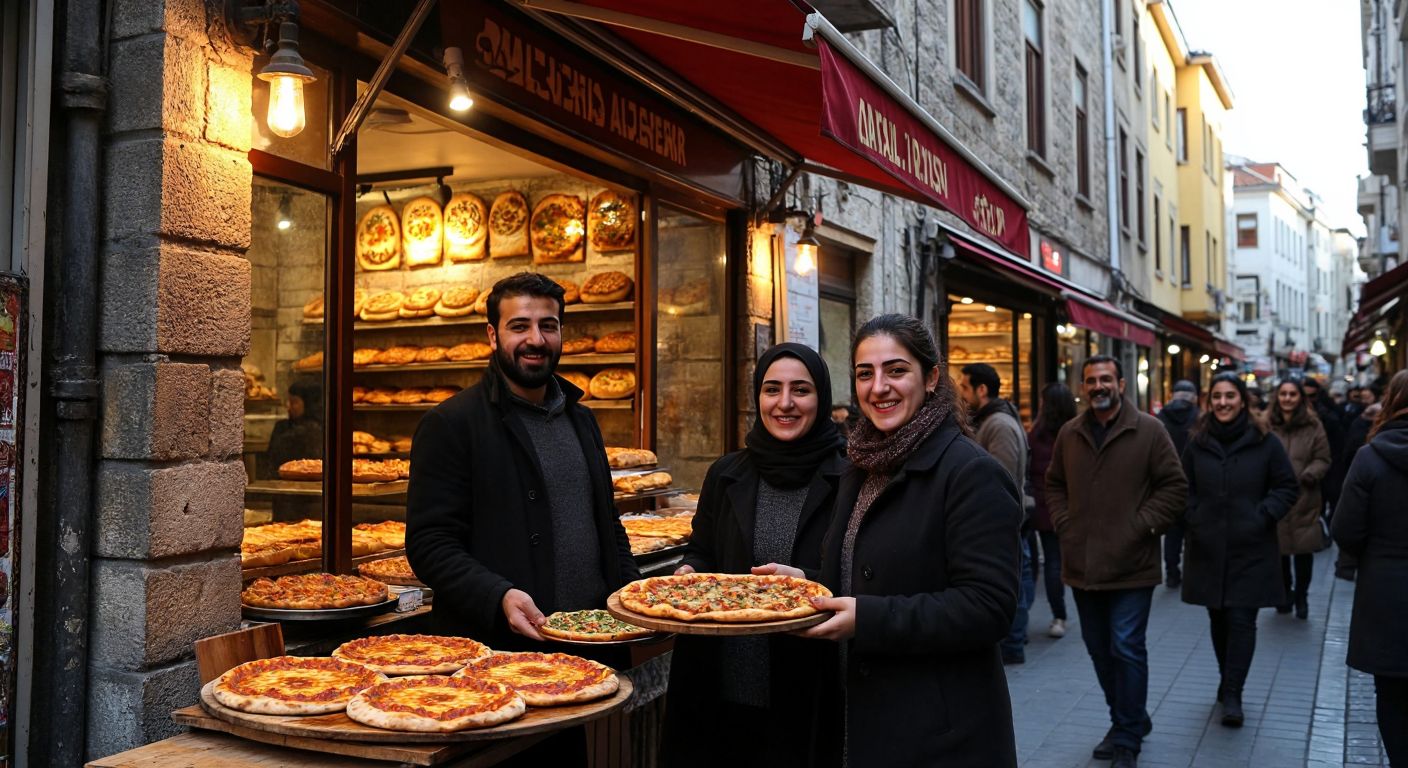 A bustling Turkish street scene with two small, warmly lit bakeries—one in Istanbul with a red awning and the other in Gaziantep with stone walls—each displaying golden, freshly baked lahmacun on wooden trays, surrounded by eager customers smiling and gesturing toward the food.