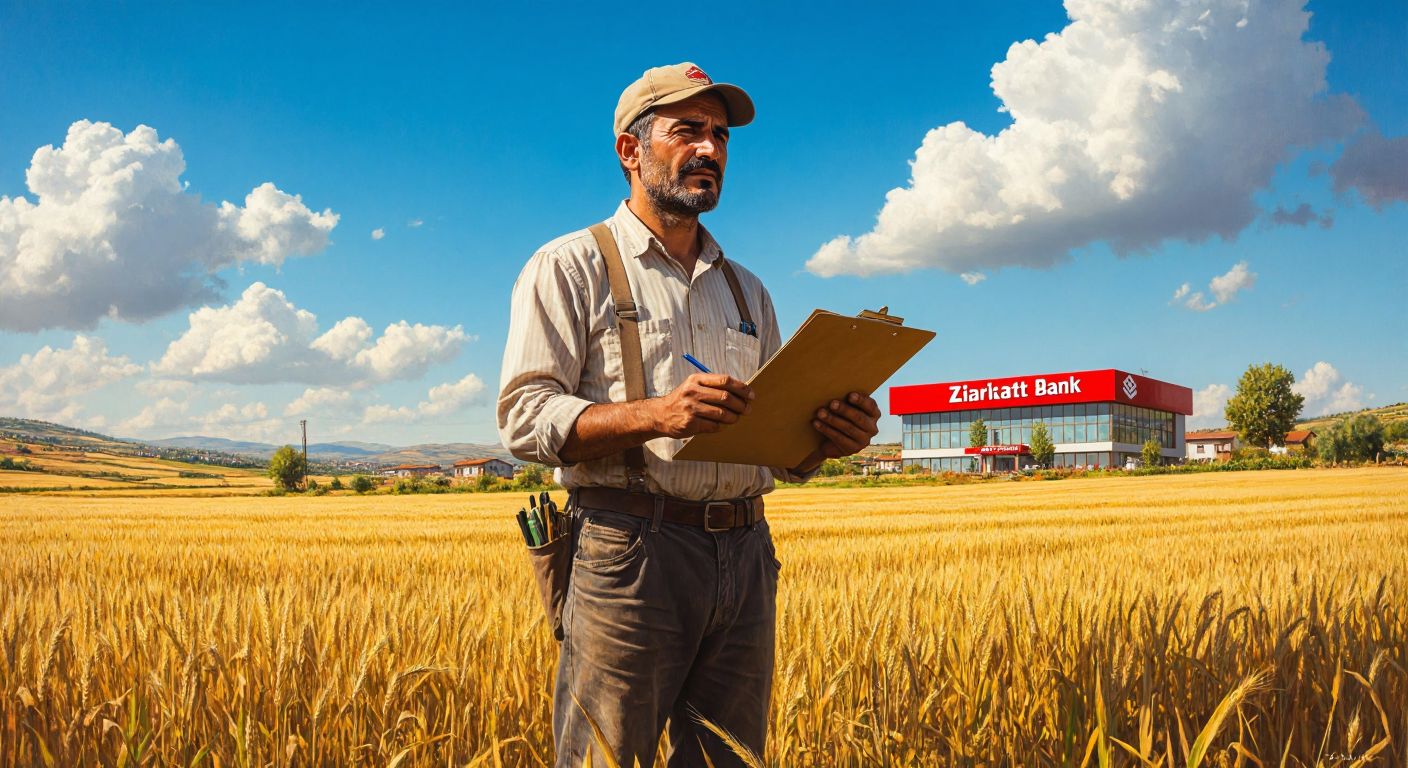 A Turkish farmer in a sunlit field, holding a clipboard with paperwork, standing near a government office with a Ziraat Bank sign in the background.