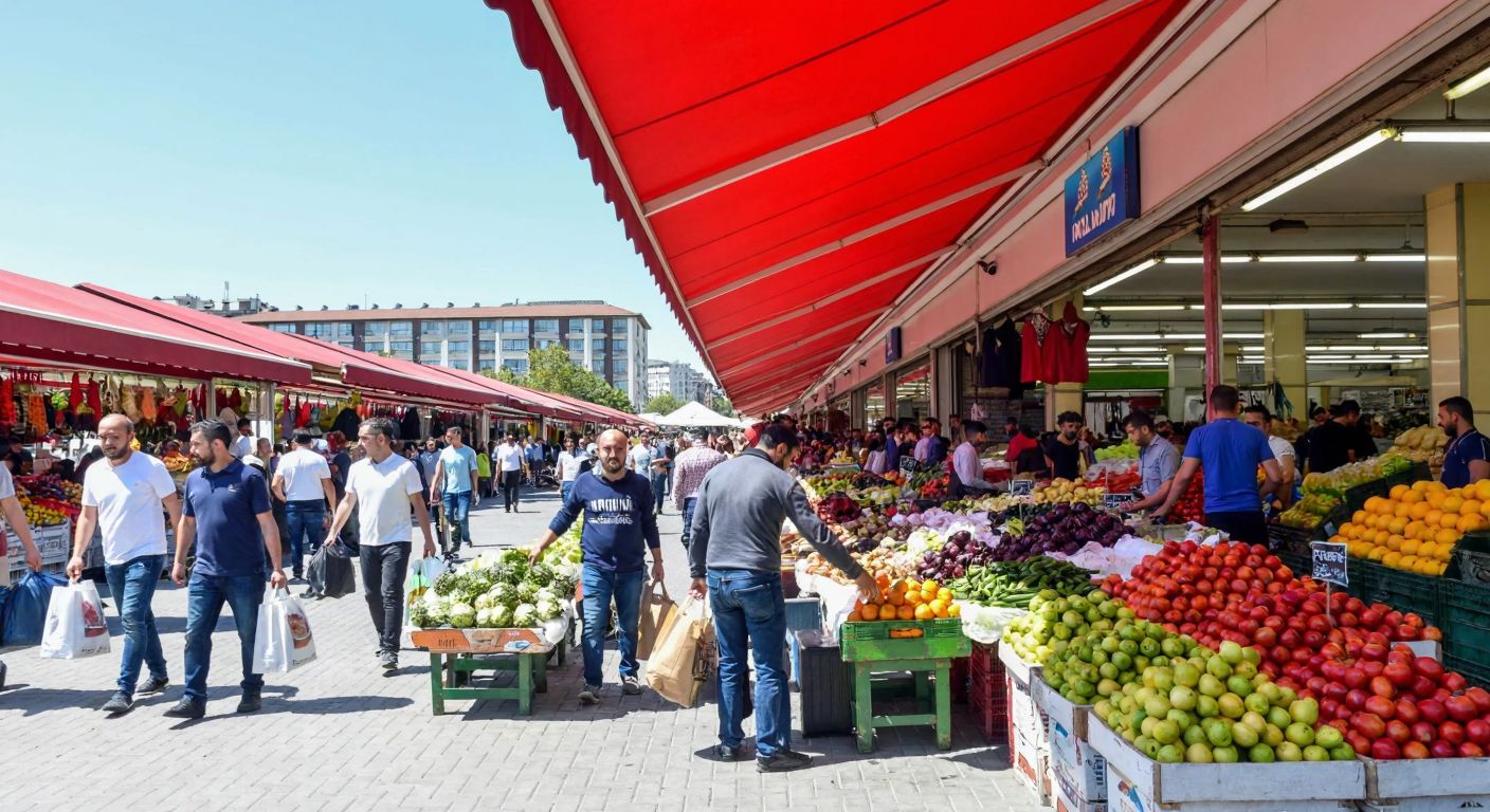 A bustling Istanbul wholesale market (İSTOÇ) with vendors arranging fresh produce under bright awnings, shoppers carrying bags, and a lively atmosphere under a sunny Saturday sky.