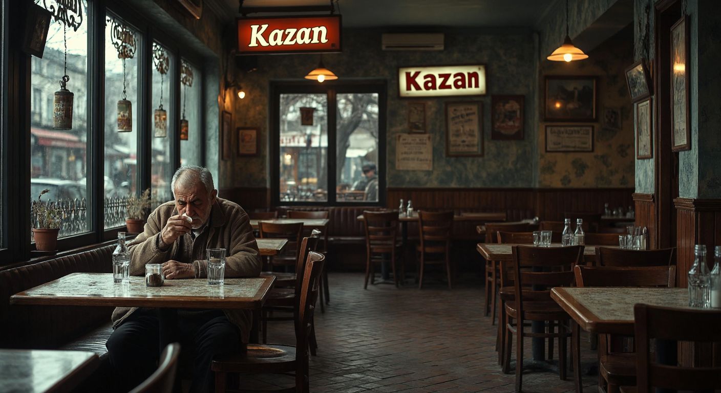 A dimly lit, nostalgic meyhane in Beşiktaş with empty tables, an elderly Turkish man (Korkut Soydan) sighing while wiping a glass, and a faded "Kazan" sign in the background, evoking melancholy and resilience.