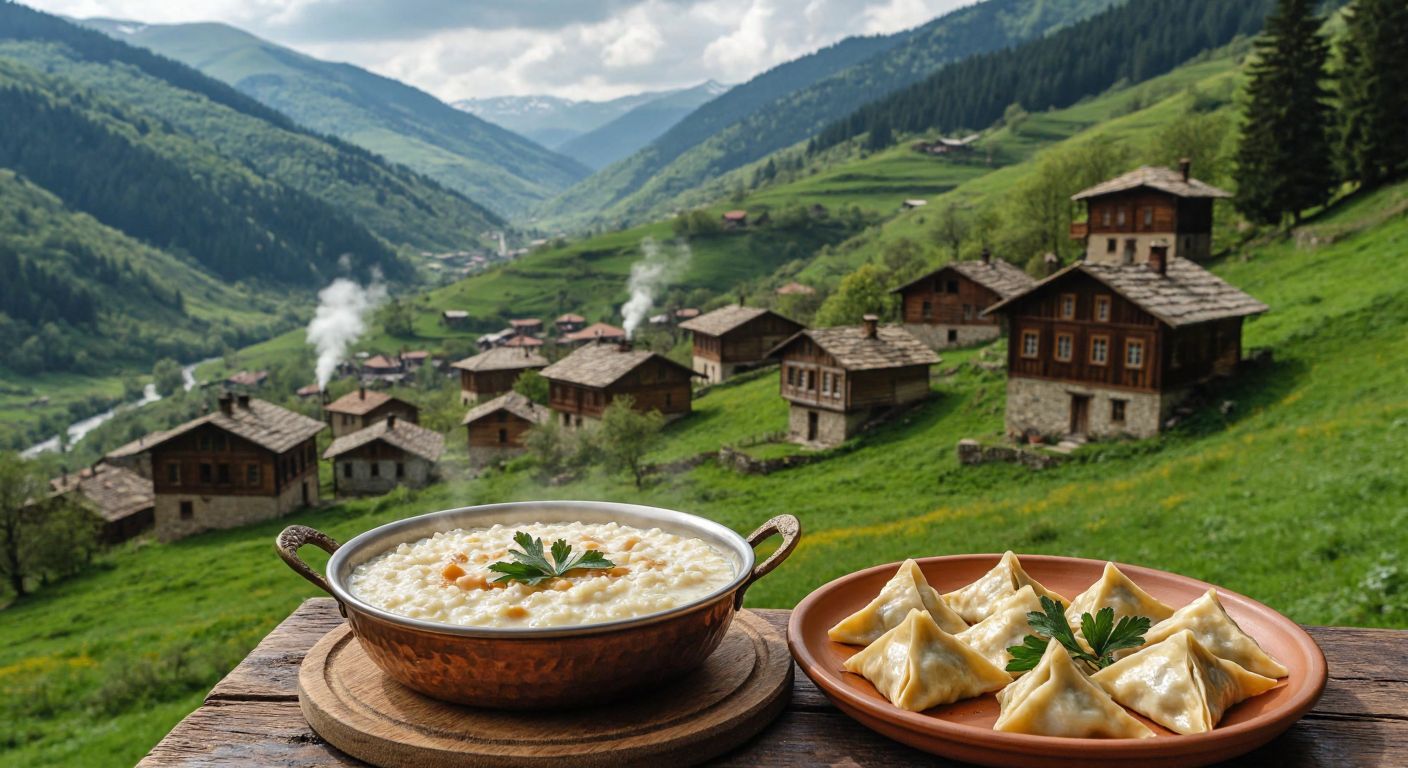 A lush green valley with traditional Ottoman-style wooden houses, a steaming bowl of creamy Hamsiköy rice pudding on a rustic table, and a plate of triangular-shaped mantı beside it, surrounded by rolling hills and hiking trails.