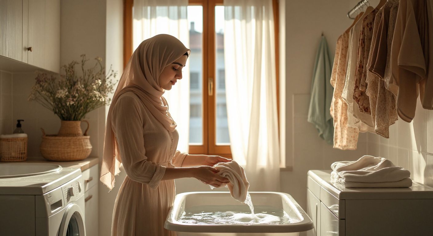 A Turkish woman in a bright, sunlit laundry room gently hand-washing a delicate bra in a small basin filled with soapy water, with a neatly folded hijab resting on a wooden drying rack nearby.