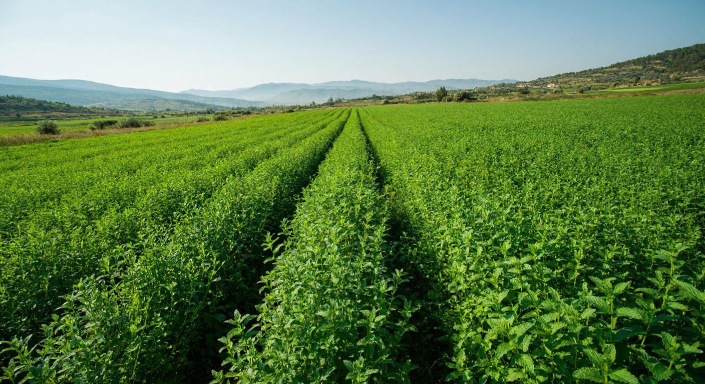 A lush green field in Turkey with a contrast between tall, wild grasses (ot) sprawling freely and a neatly cultivated row of aromatic herbs (bitki) like mint and thyme, their leaves glistening under the sun.