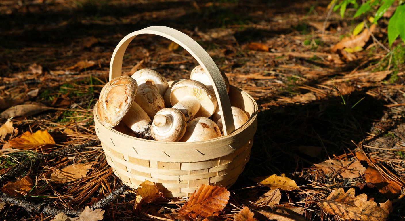 A rustic wooden basket filled with fresh, earthy evelek mushrooms resting on a sunlit forest floor in Turkey, surrounded by fallen autumn leaves and pine needles.