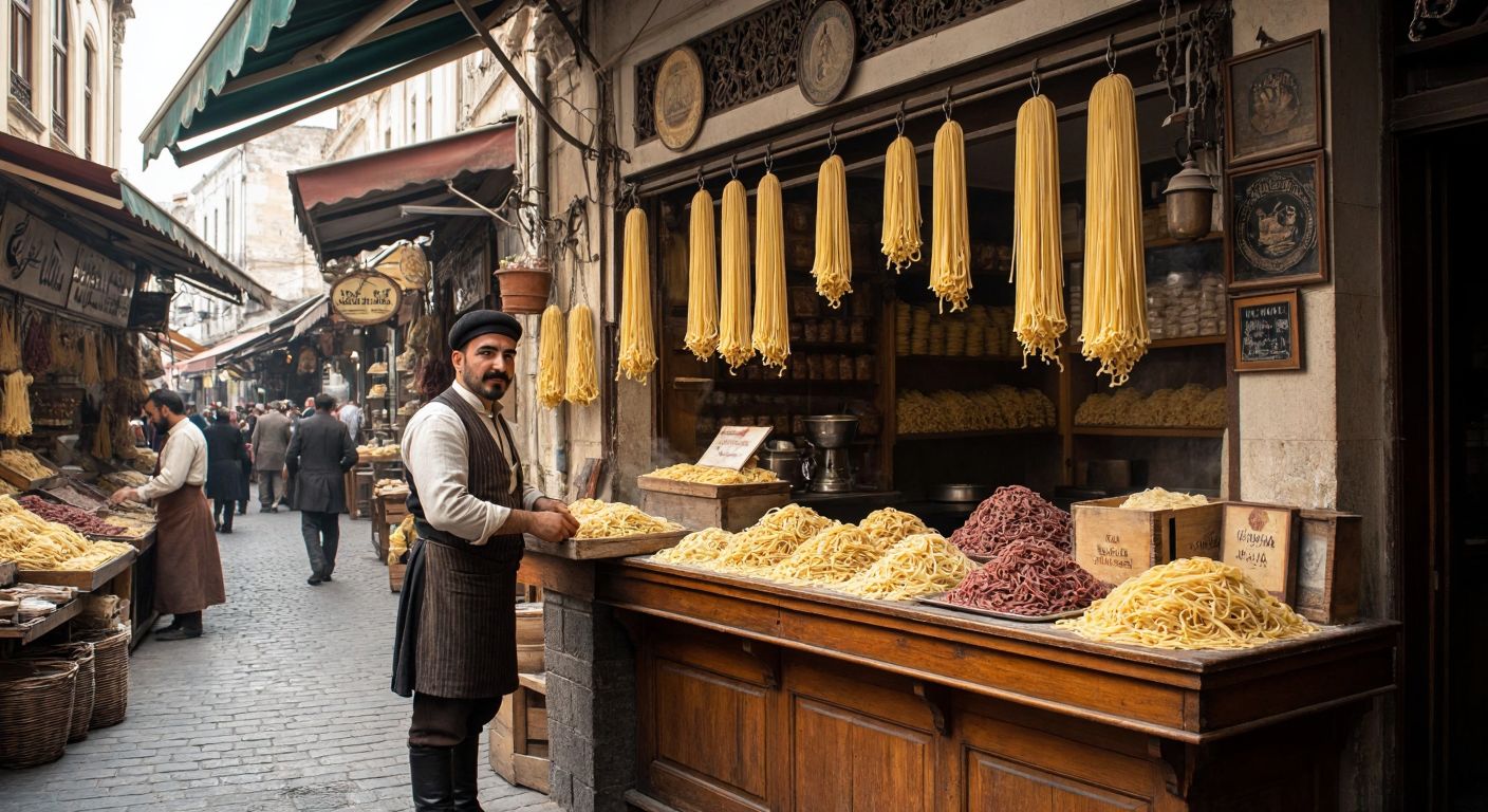 A bustling, historic marketplace in İzmir with a small, old-fashioned pasta shop displaying handmade noodles, where a proud Turkish man in early 20th-century attire stands behind a wooden counter.