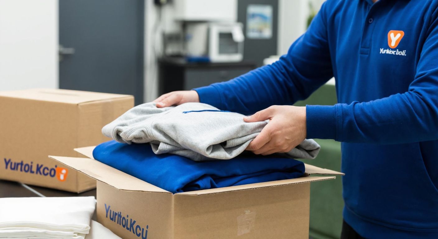 A person in Turkey carefully packing a neatly folded garment into a box, with a Yurtiçi Kargo branch visible in the background, conveying a sense of preparation and anticipation.