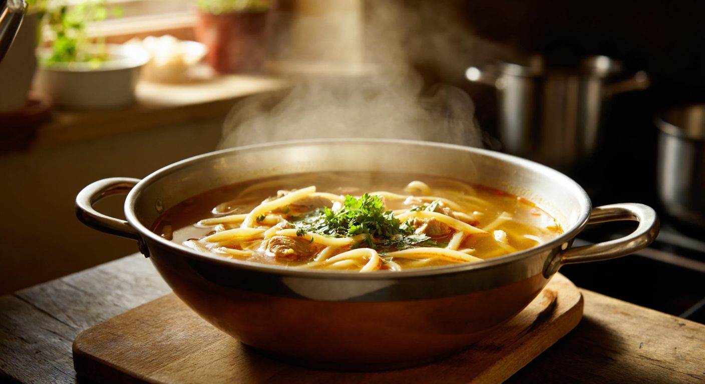 A steaming bowl of golden-brown bone broth with tender noodles, garnished with fresh parsley, sitting on a rustic wooden table in a cozy Turkish kitchen with warm lighting.