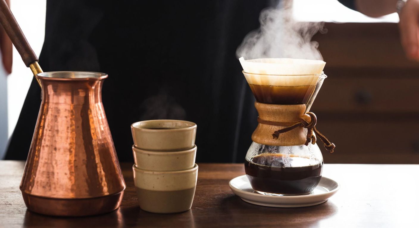 A traditional Turkish copper cezve sits beside a small stack of ceramic coffee cups on a wooden table, with steam rising from a freshly brewed pot of filter coffee in the background.