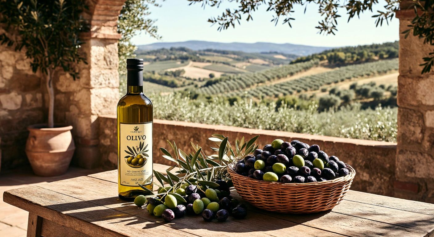 A rustic wooden table in a sunlit Spanish courtyard holds a bottle of Flor de Olivo olive oil beside a basket of fresh olives, with a distant view of rolling olive groves.