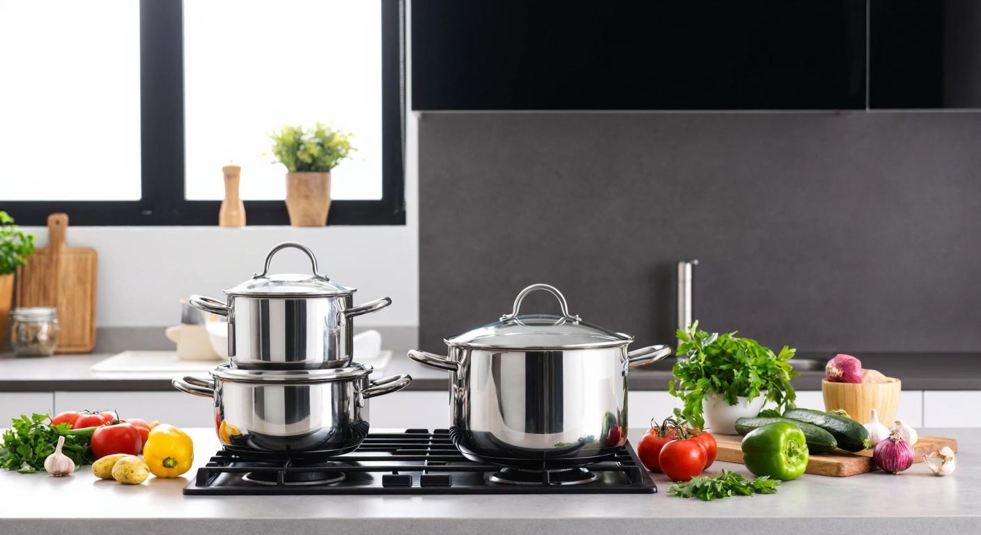 A gleaming stainless steel cookware set with antibacterial handles sits on a modern kitchen counter in Turkey, surrounded by fresh vegetables and herbs, evoking trust and durability.