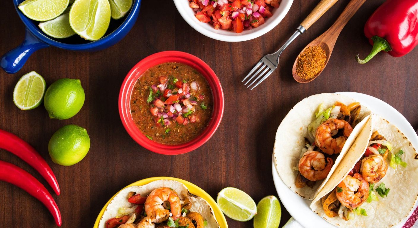 A vibrant Mexican kitchen scene with a wooden table displaying Tajin seasoning sprinkled over fresh tacos, grilled shrimp, and a bowl of colorful salsa, surrounded by limes and chili peppers.