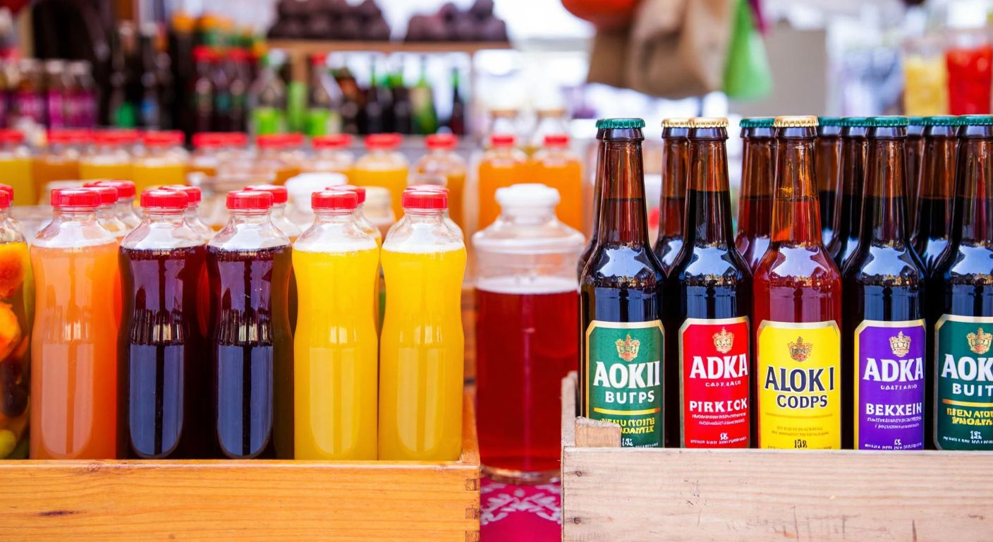 A vibrant Turkish market scene with colorful bottles of fruit juice and tea on one side, contrasting with darker bottles of alcoholic beverages like alkopops and flavored beers on the other, separated by a wooden crate.