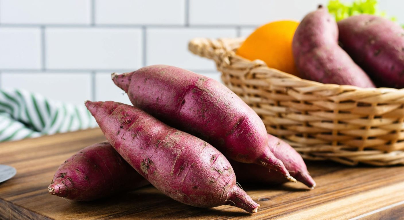 A rustic wooden table in a Turkish kitchen holds a small pile of three to four vibrant purple sweet potatoes, their earthy skins slightly dusty, next to a woven straw basket filled with fresh produce.