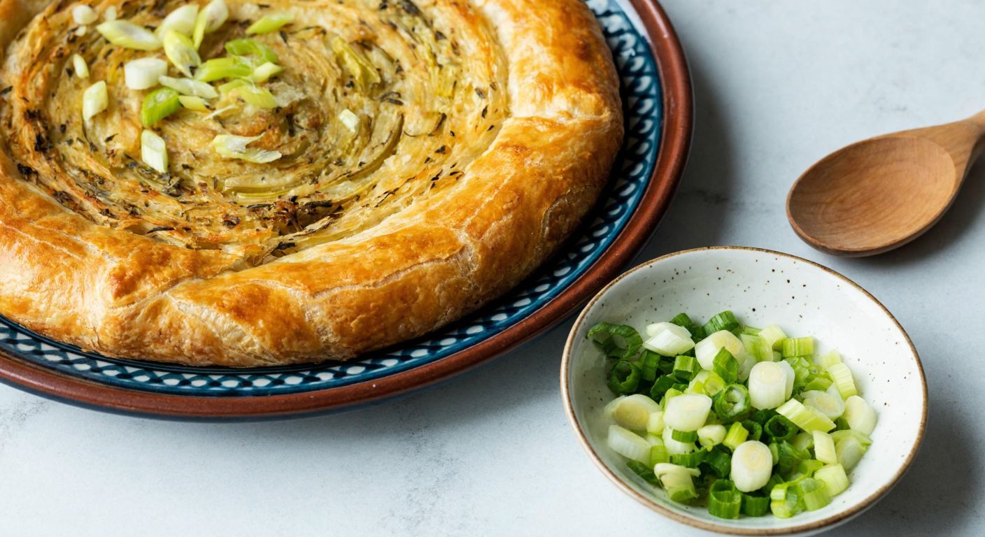 A golden-brown pırasa böreği fresh from the oven, garnished with çörek otu, sits on a rustic Turkish ceramic plate beside a bowl of finely chopped leeks and a wooden spoon.